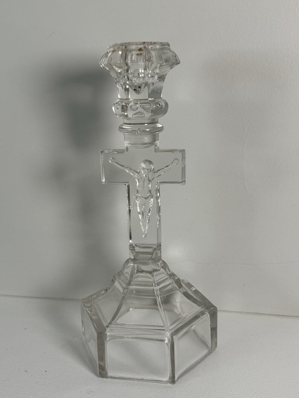 Glass Crucifix Candlestick Holder Art Deco Vintage Pressed Glass